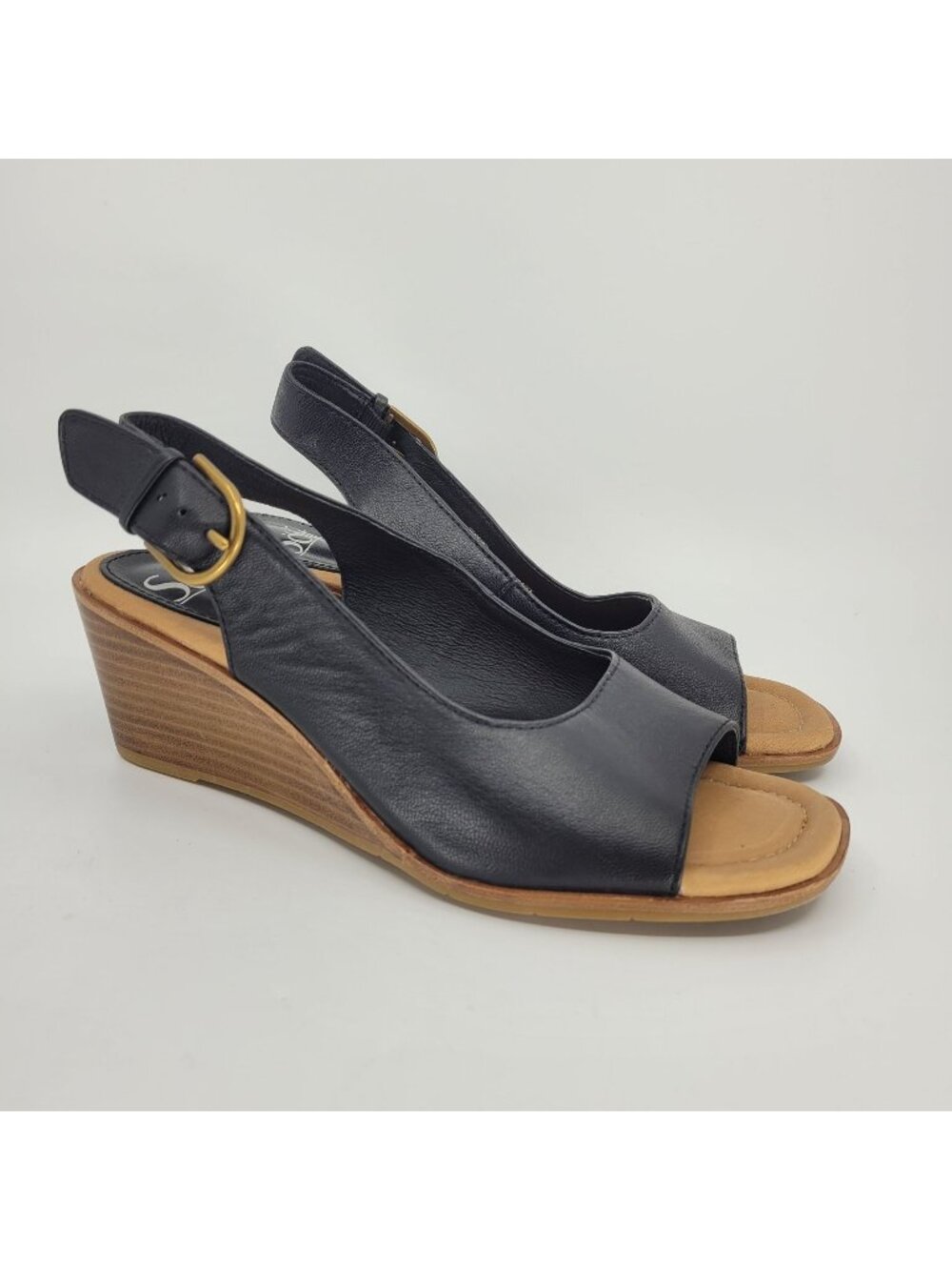 Sofft Gabriella Womens 8 M Slingback Wedge Sandals Open Toe Leather Black Buckle